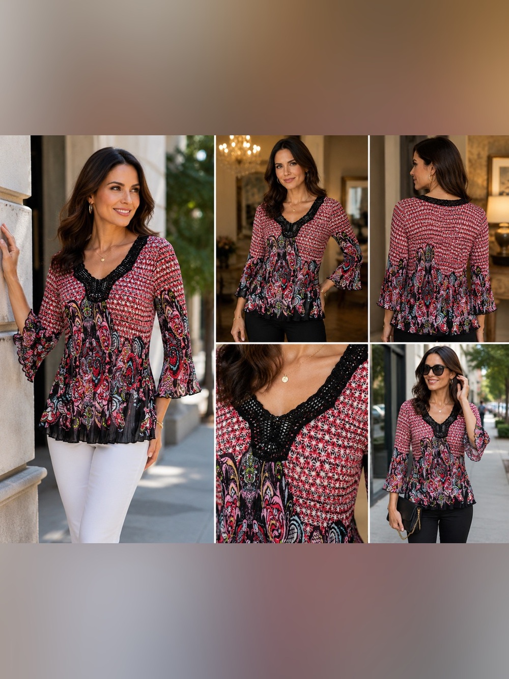 Alberto Makali Crochet Sequin Print Top Size L Pink Black Pleated Bell Sleeve - Picture 5 of 8